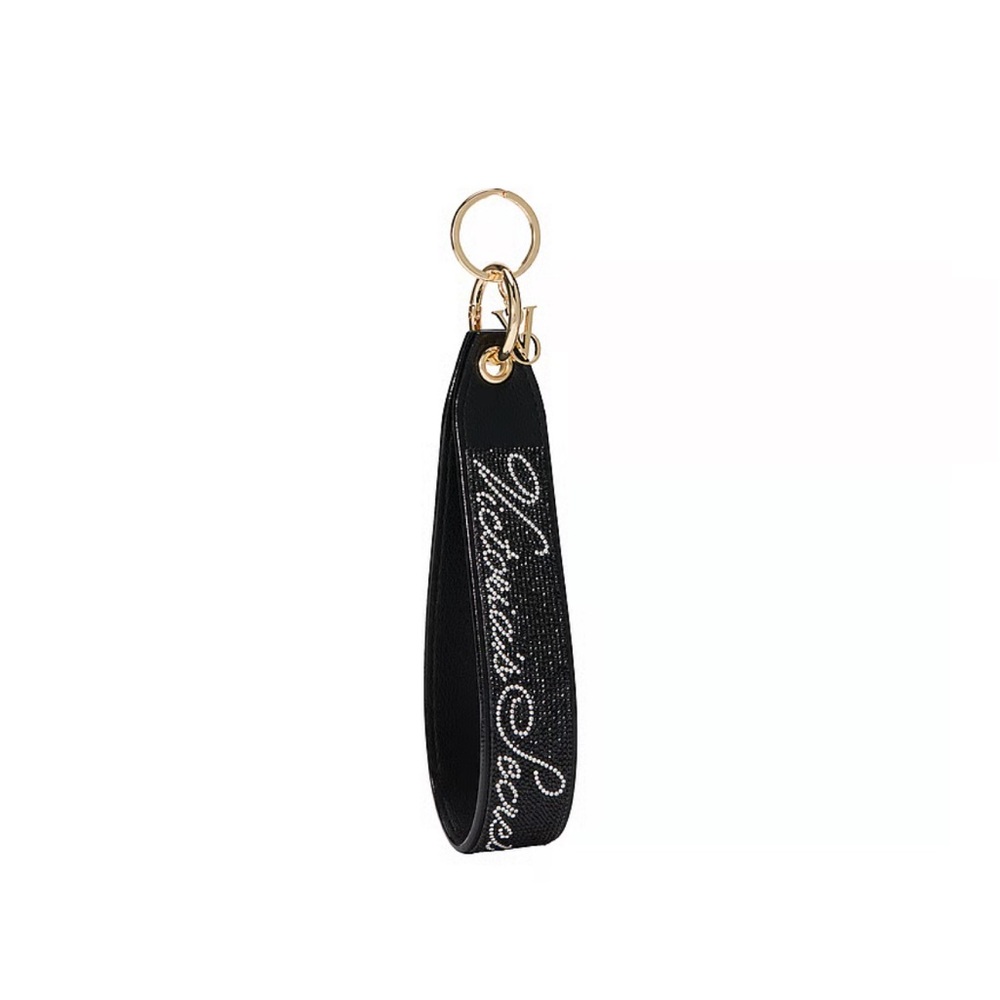 New Victoria's Secret logo keychain Black Wristlet Rhinestone Bling NWT